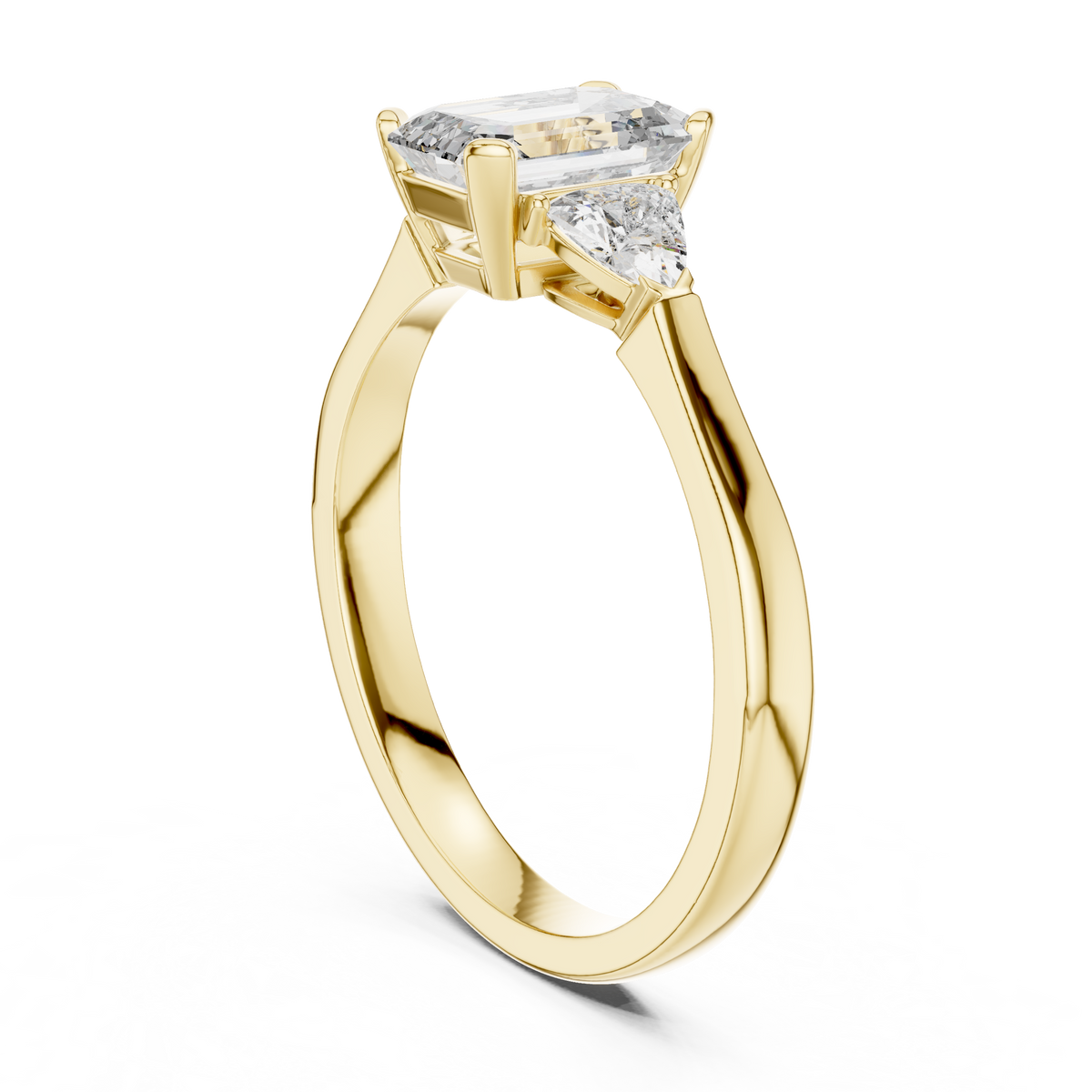 Emerald Cut and Trillion Three Stone Moissanite Engagement Ring in yellow 925 sterling silver, view 1
