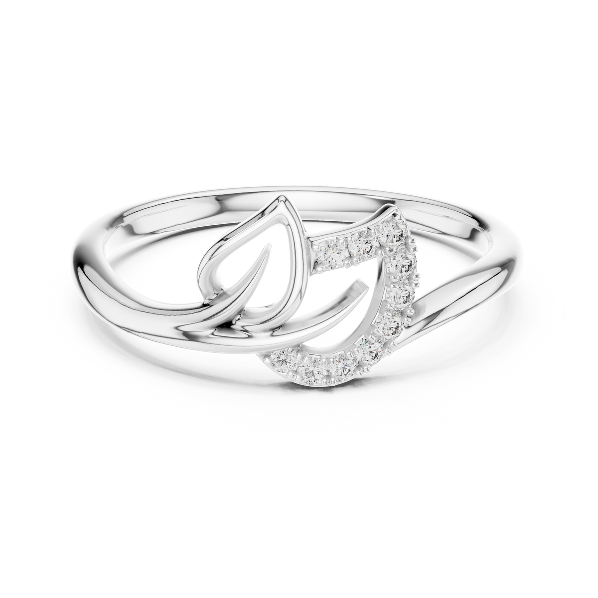 Open Leaf and Crescent Moissanite Ring in white 925 sterling silver, view 4