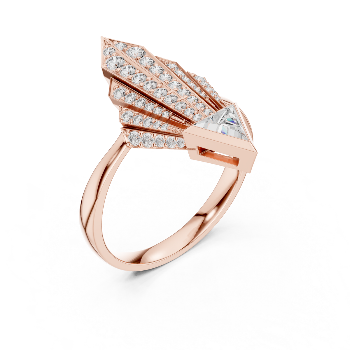 Art Deco Pavé Fan Moissanite Shield Ring in rose 925 sterling silver, view 2