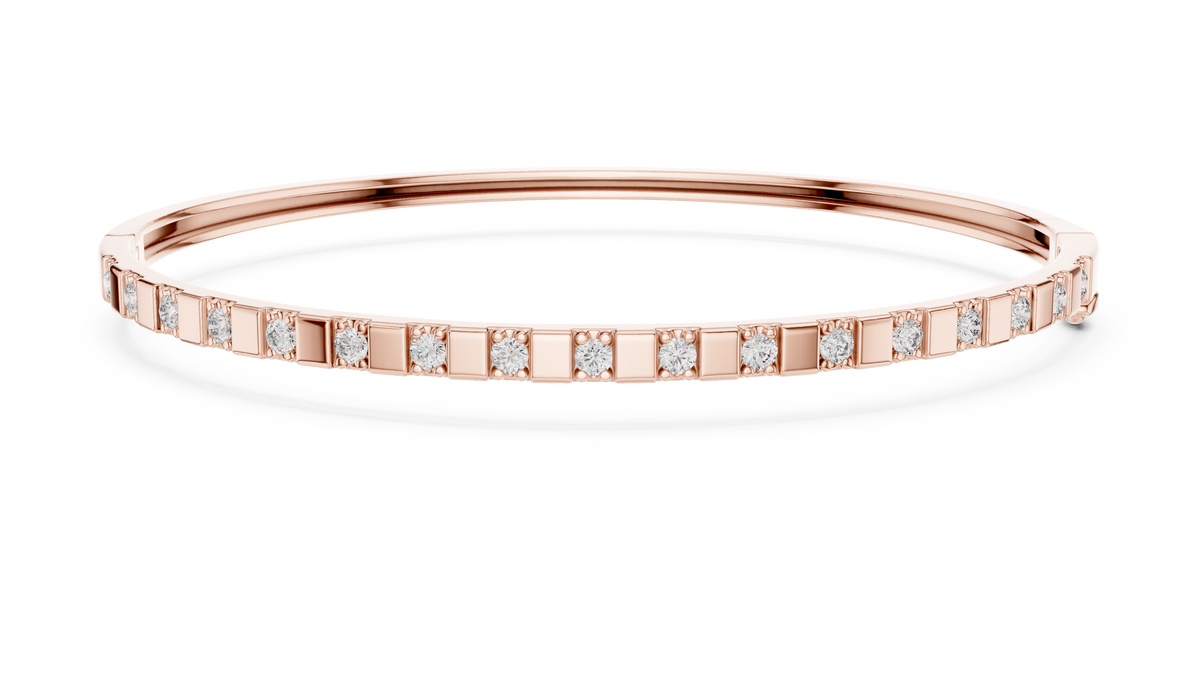 Round Moissanite Hinged Bangle in rose 925 sterling silver, view 1