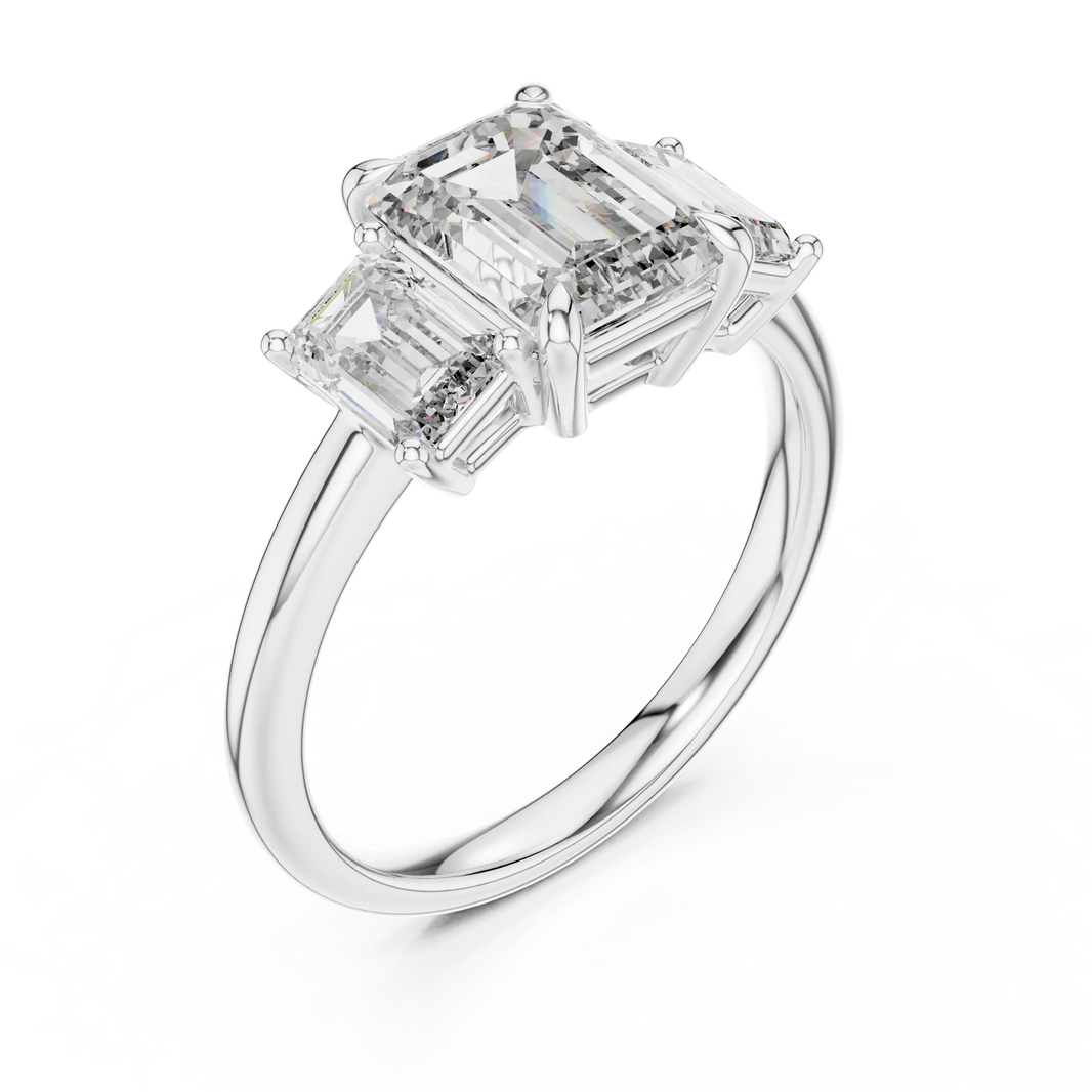 Emerald Cut Three Stone Moissanite Ring in white 925 sterling silver, view 2