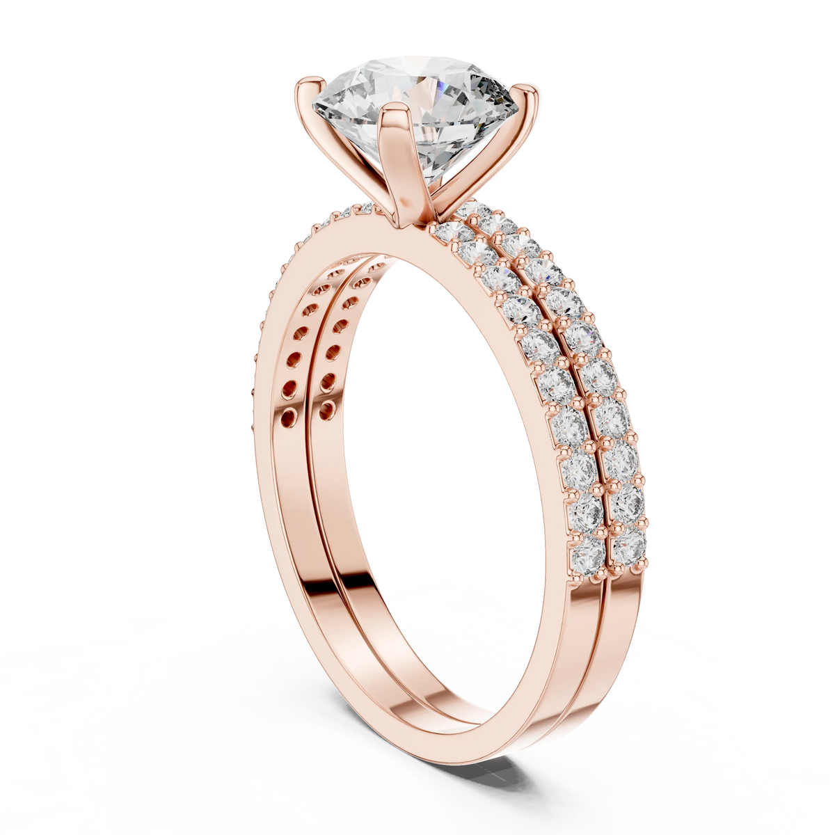 Round Solitaire Moissanite Ring with Double Pavé Band in rose 925 sterling silver, view 1