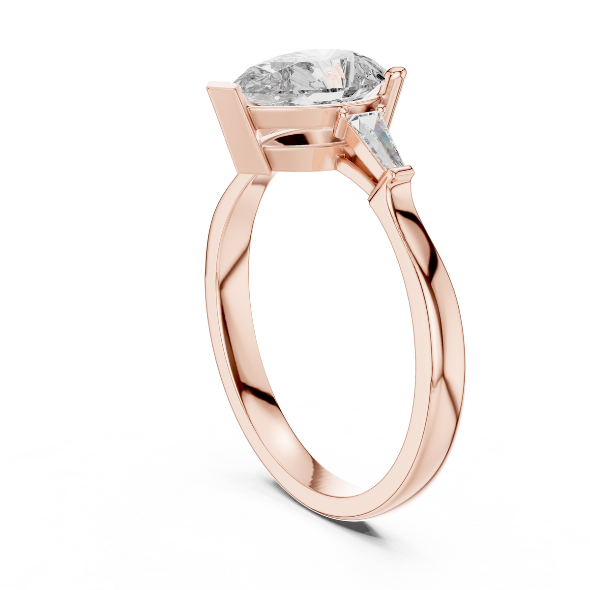 Pear Moissanite Ring with Tapered Baguette Sides in rose 925 sterling silver, view 1