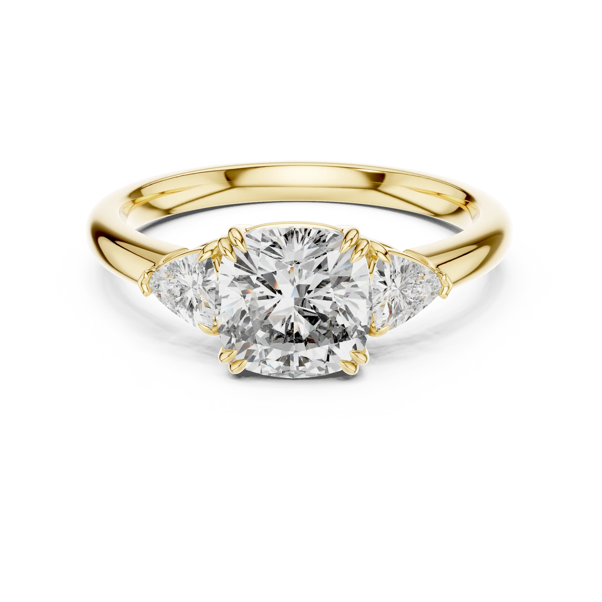 Cushion and Trillion Three Stone Moissanite Ring in yellow 925 sterling silver, view 4