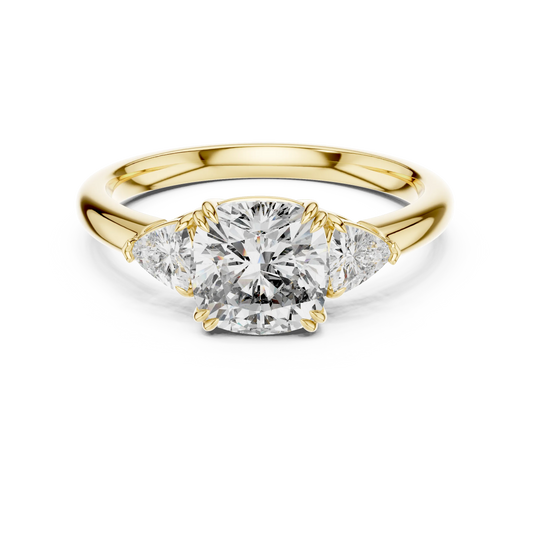 Cushion and Trillion Three Stone Moissanite Ring in yellow 925 sterling silver, view 4