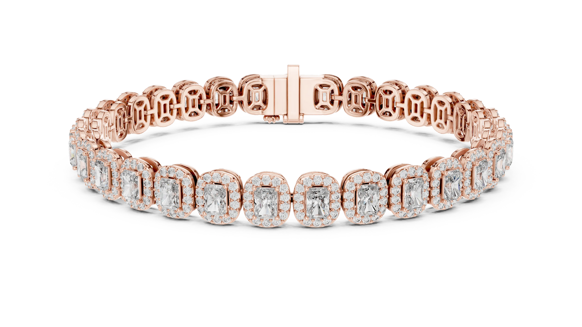 Radiant Cut Halo Moissanite Tennis Bracelet in rose 925 sterling silver, view 1
