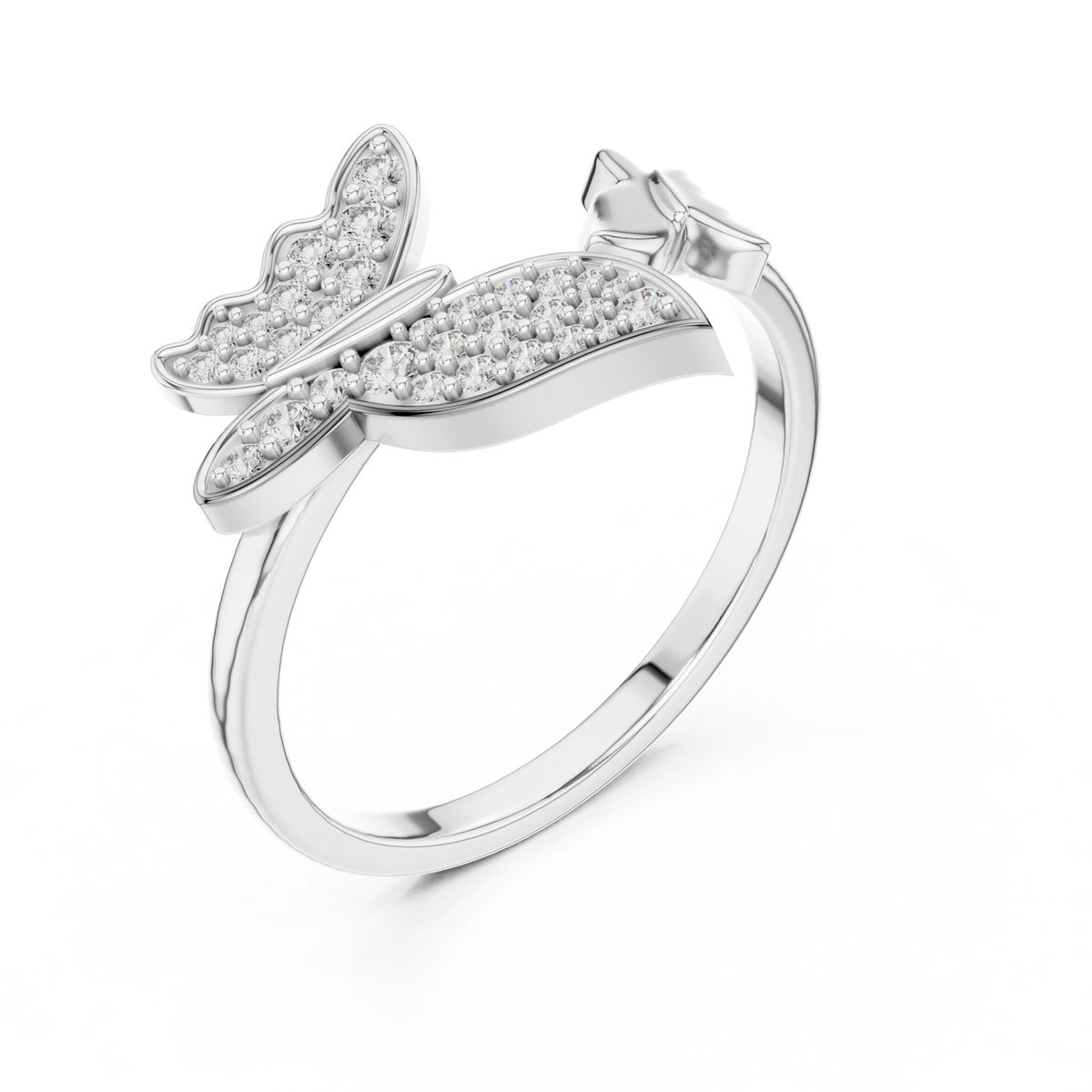 Butterfly Bypass Moissanite Open Ring in white 925 sterling silver, view 2