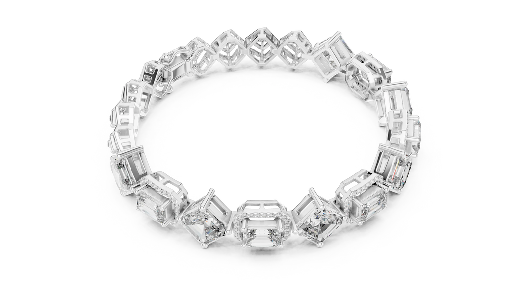 Asscher and Emerald Halo Station Moissanite Bracelet in white 925 sterling silver, view 3