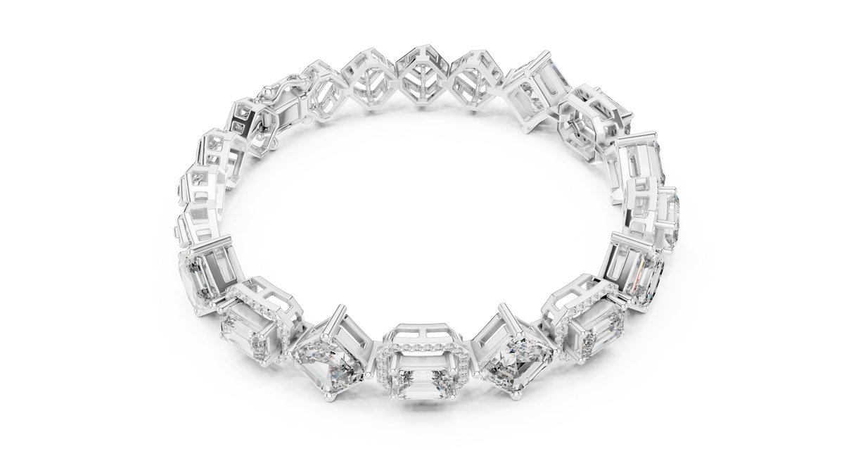 Asscher and Emerald Halo Station Moissanite Bracelet in white 925 sterling silver, view 3