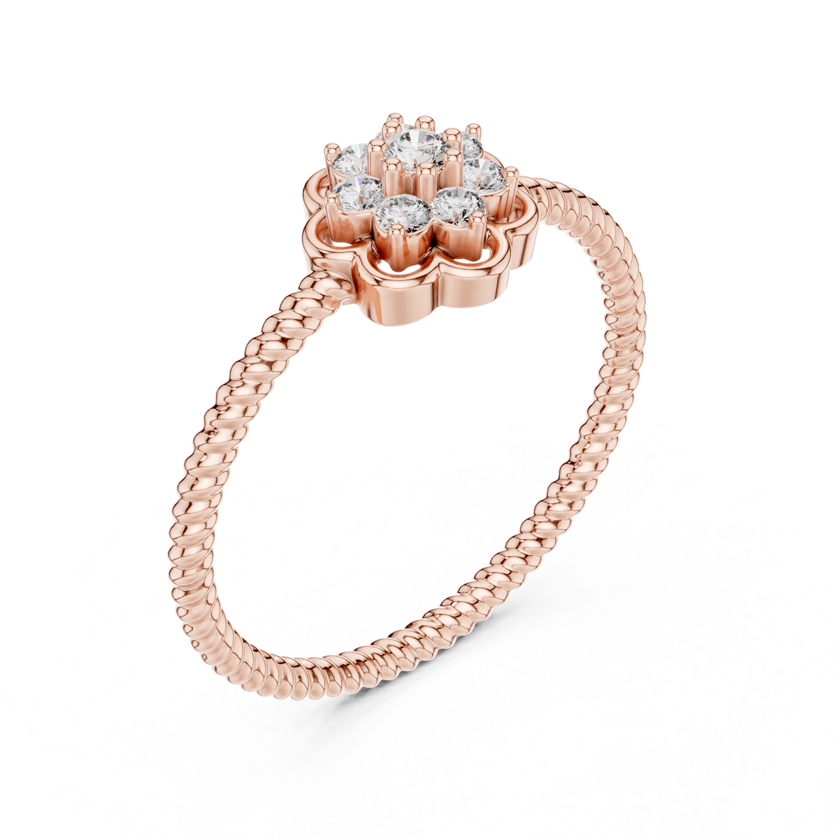 Flower Cluster Moissanite Ring with Rope Band in rose 925 sterling silver, view 2