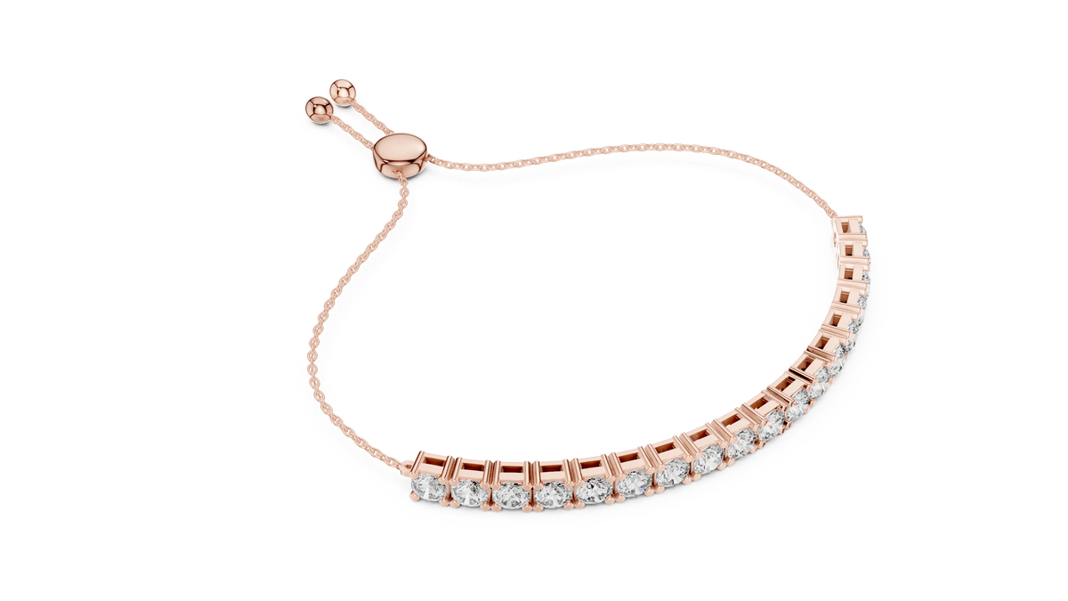 Round Moissanite Bolo Slider Bracelet in rose 925 sterling silver, view 3
