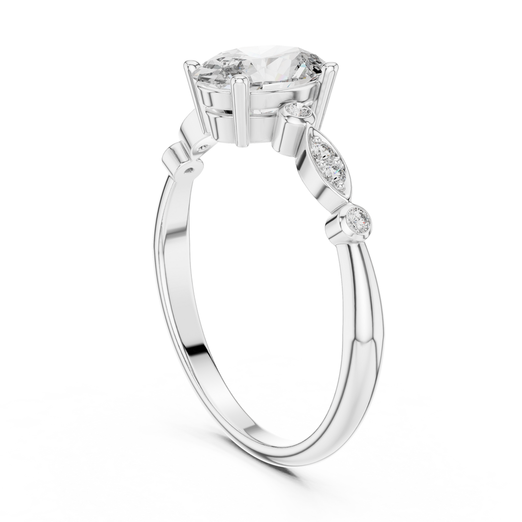 Oval Moissanite Ring with Bezel and Marquise Station Accents in white 925 sterling silver, view 1
