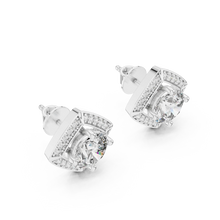 Round moissanite square halo stud earrings in white 925 sterling silver, view 2