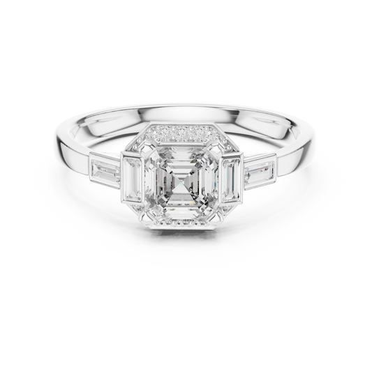 Asscher Cut Octagon Halo Moissanite Ring with Baguette Shoulders in white 925 sterling silver, view 4