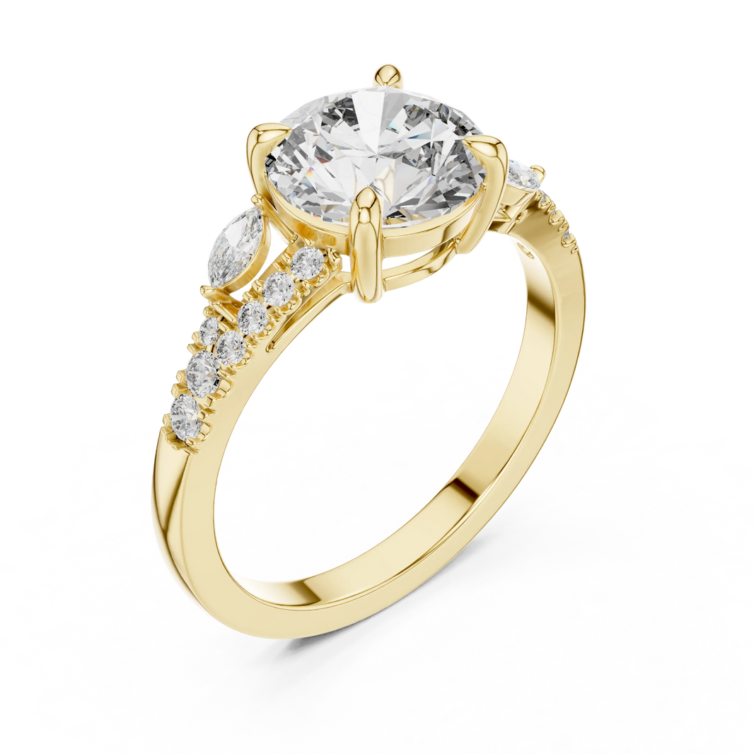 Round Moissanite Engagement Ring with Marquise Accents in yellow 925 sterling silver, view 2