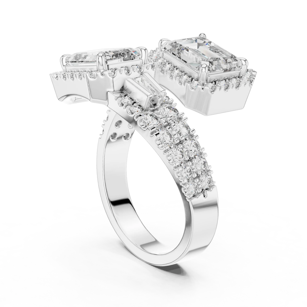 Emerald Cut Halo Toi et Moi Moissanite Bypass Ring in white 925 sterling silver, view 1