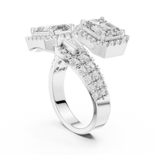 Emerald Cut Halo Toi et Moi Moissanite Bypass Ring in white 925 sterling silver, view 1