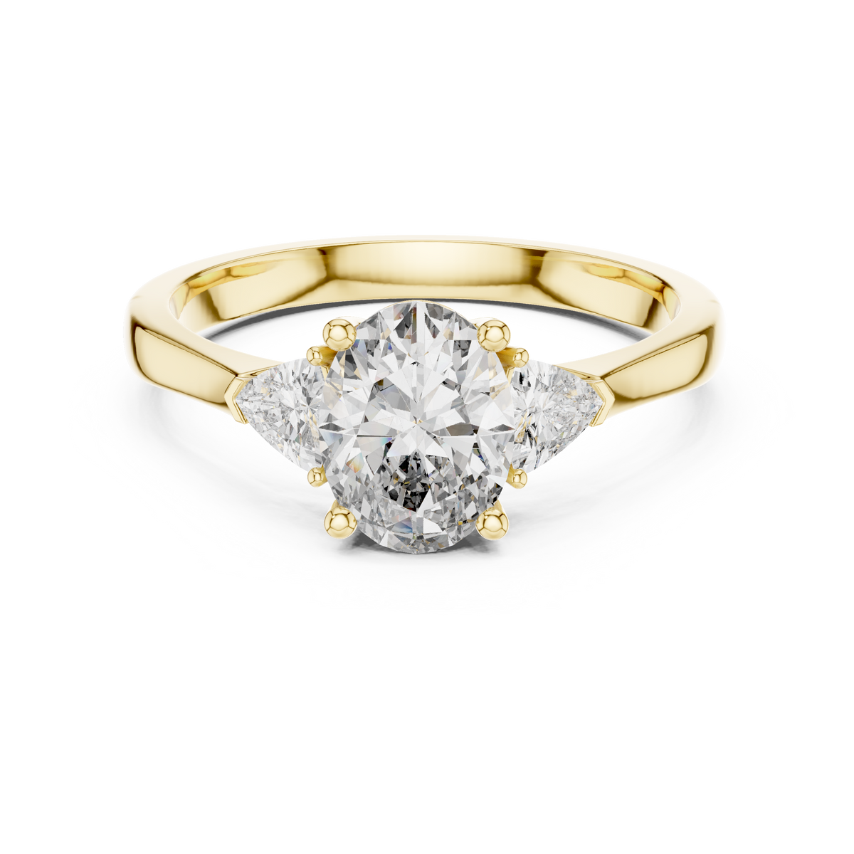 Oval and Trillion Three Stone Moissanite Ring in yellow 925 sterling silver, view 4
