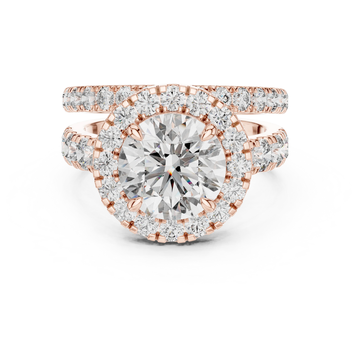 Round Halo Moissanite Double Band Ring in rose 925 sterling silver, view 4