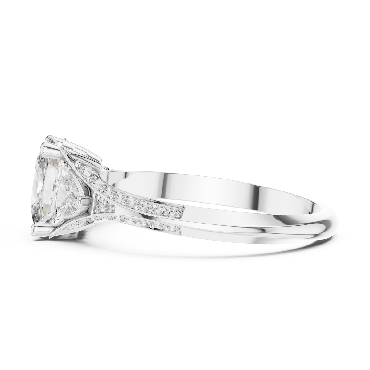 Elongated Cushion and Curved Trillion Moissanite Ring with Pavé Split Shoulders in white 925 sterling silver, view 3