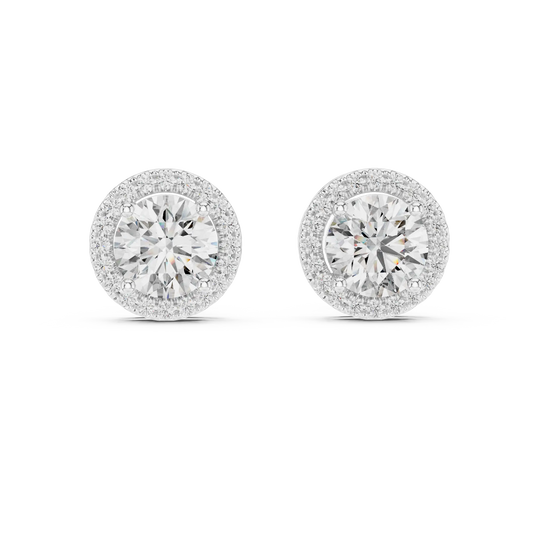 Round moissanite U-prong halo stud earrings in white 925 sterling silver, view 4