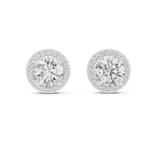 Round moissanite U-prong halo stud earrings in white 925 sterling silver, view 4