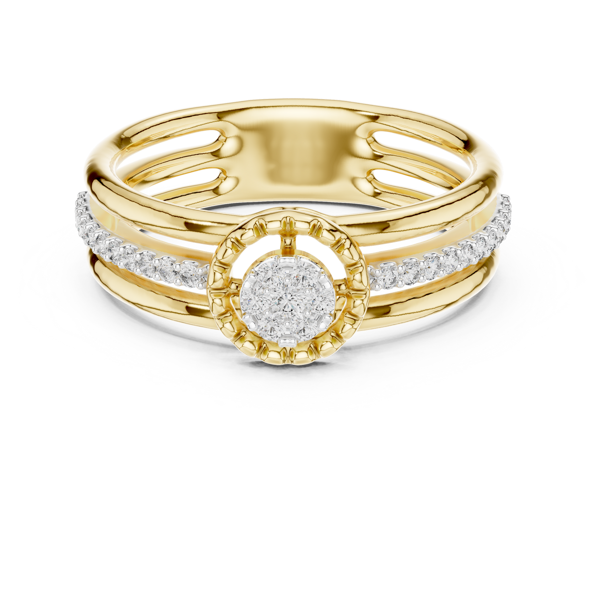 Triple Row Cluster Moissanite Ring in yellow 925 sterling silver, view 4