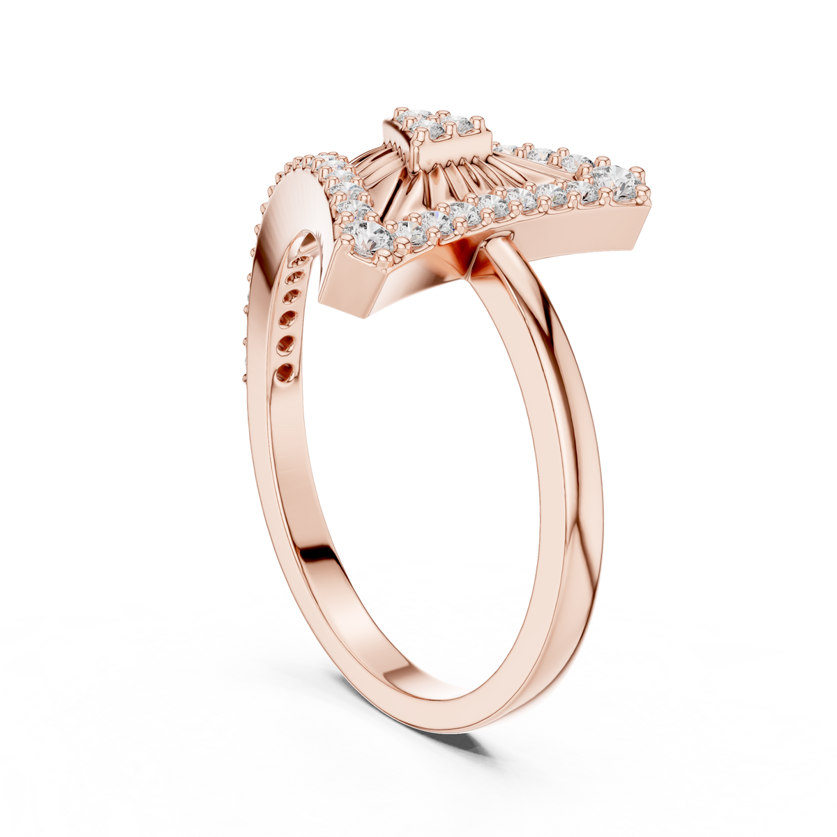 Triangle Sunburst Pavé Moissanite Ring in rose 925 sterling silver, view 1
