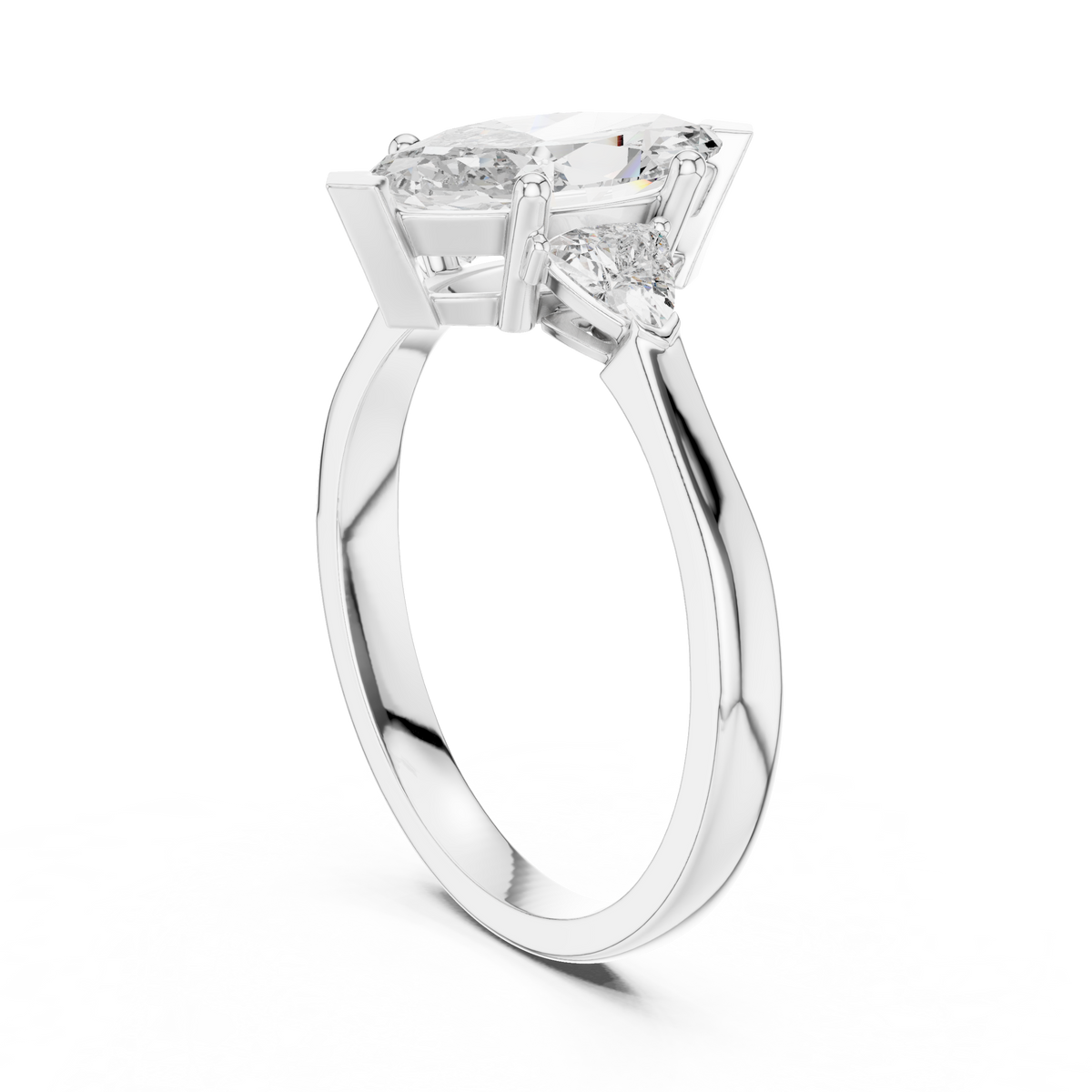 Marquise and Trillion Three Stone Moissanite Ring in white 925 sterling silver, view 1