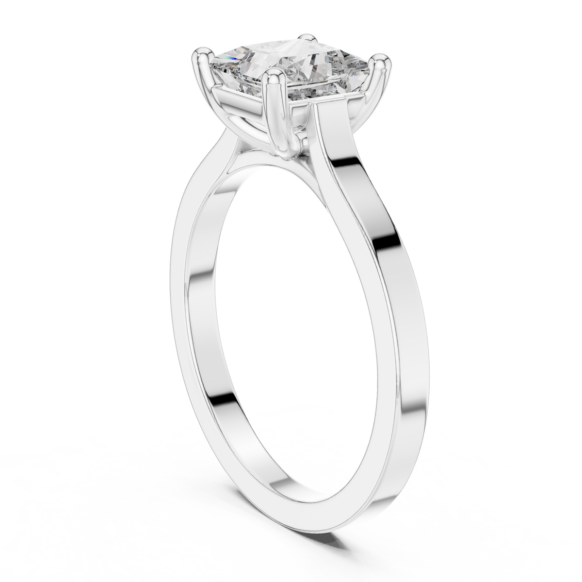 Princess Cut Moissanite Solitaire Ring with Flat Band in white 925 sterling silver, view 1