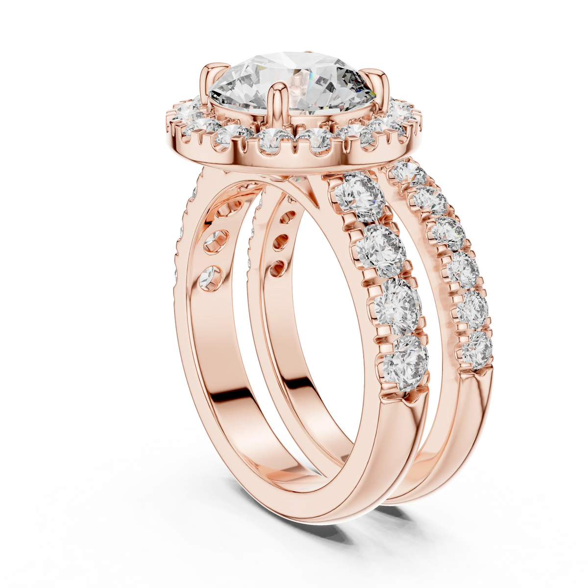 Round Halo Moissanite Double Band Ring in rose 925 sterling silver, view 1
