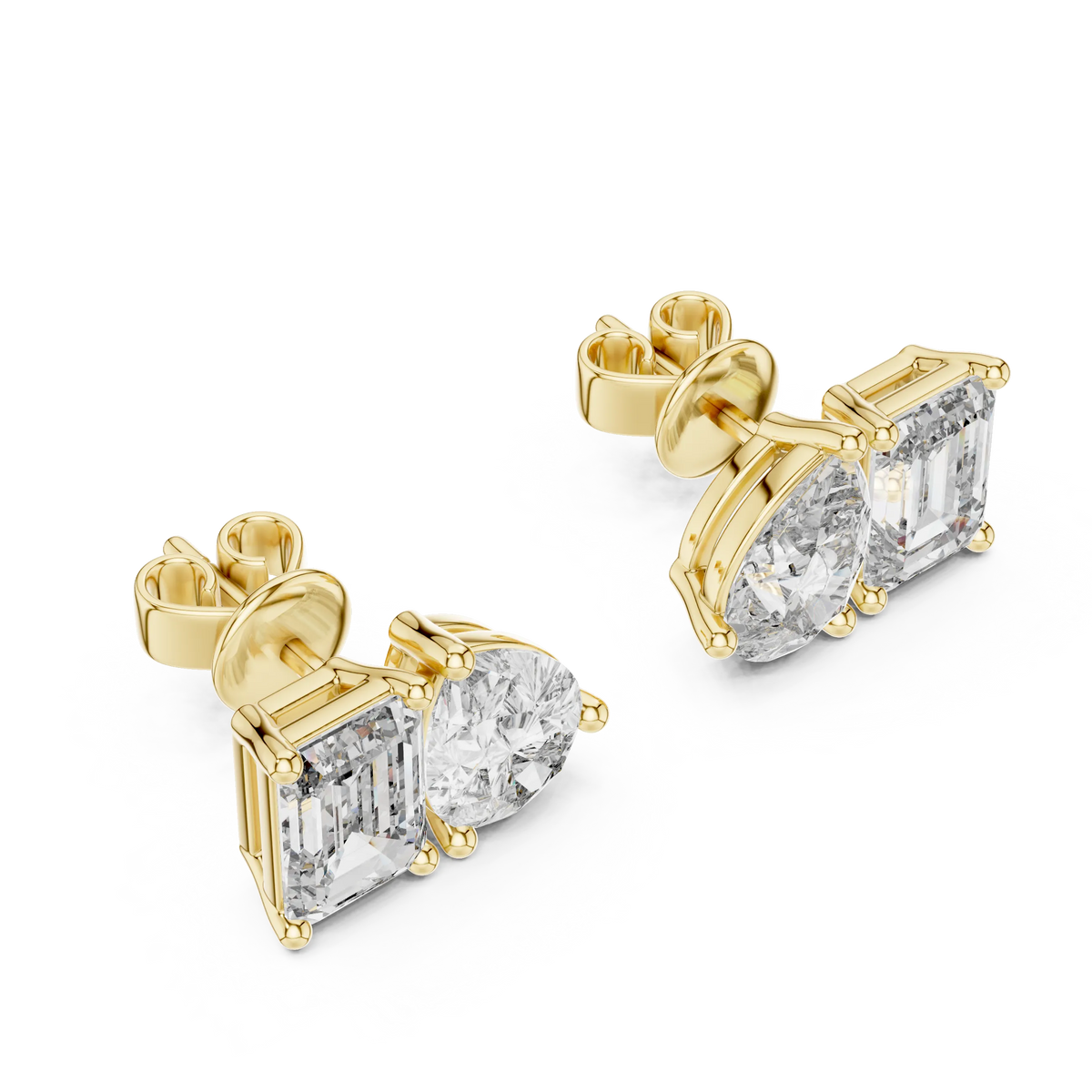 Pear and emerald moissanite toi et moi stud earrings in yellow 925 sterling silver, view 2
