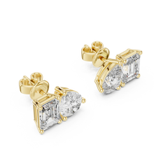 Pear and emerald moissanite toi et moi stud earrings in yellow 925 sterling silver, view 2