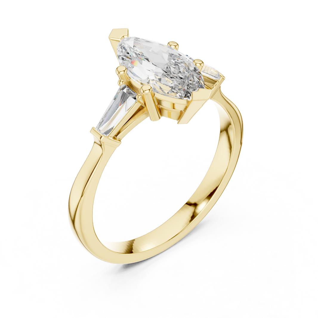 Marquise Moissanite Ring with Tapered Baguette Sides in yellow 925 sterling silver, view 2