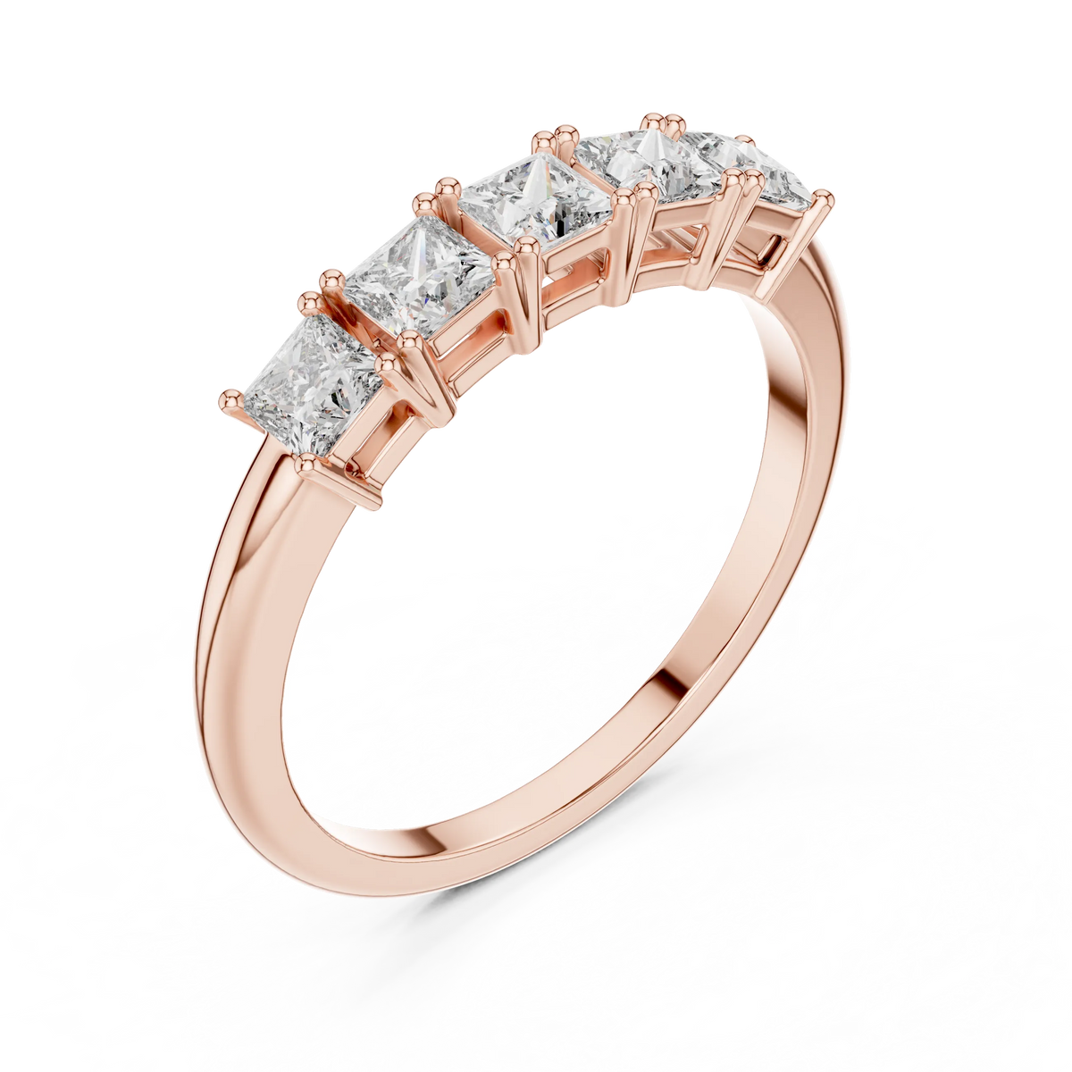 Five Stone Princess Cut Moissanite Band in rose 925 sterling silver, view 2