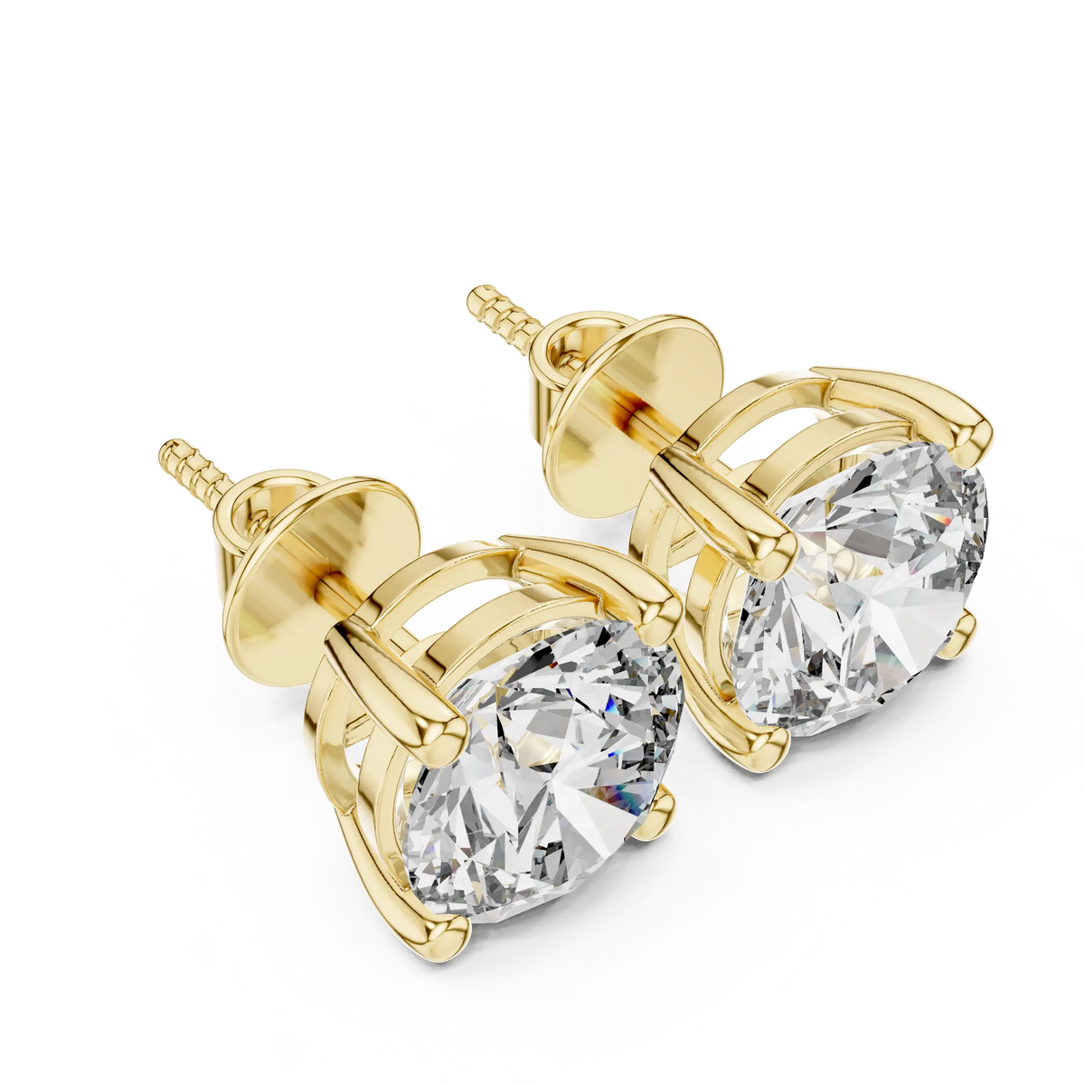 Round moissanite stud earrings in yellow 925 sterling silver, four-prong basket, angled view