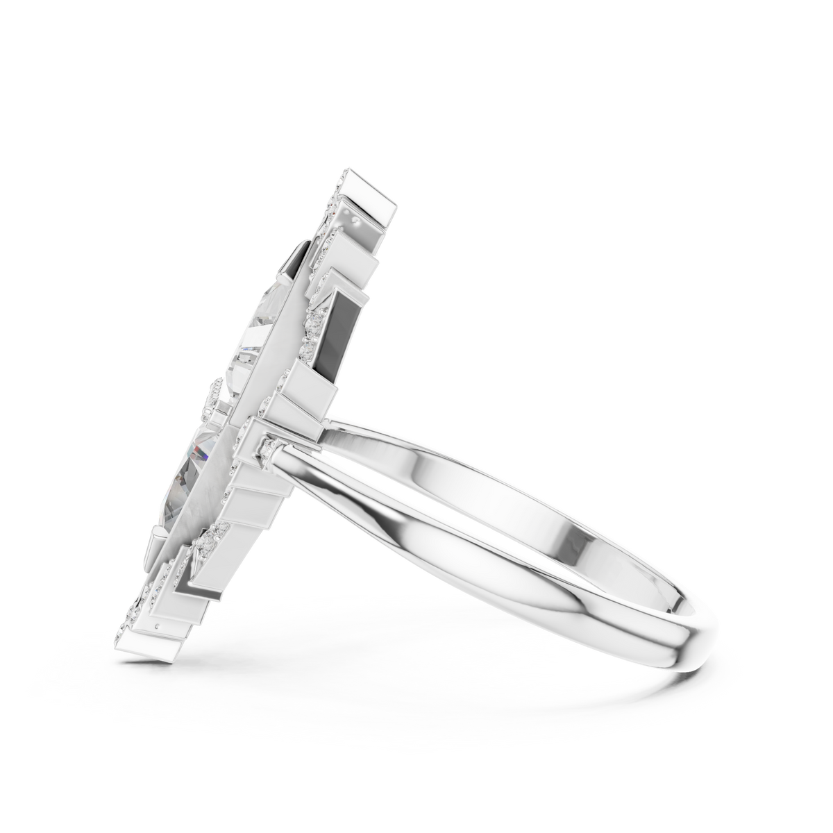 Art Deco Twin Triangle Moissanite Cocktail Ring in white 925 sterling silver, view 3