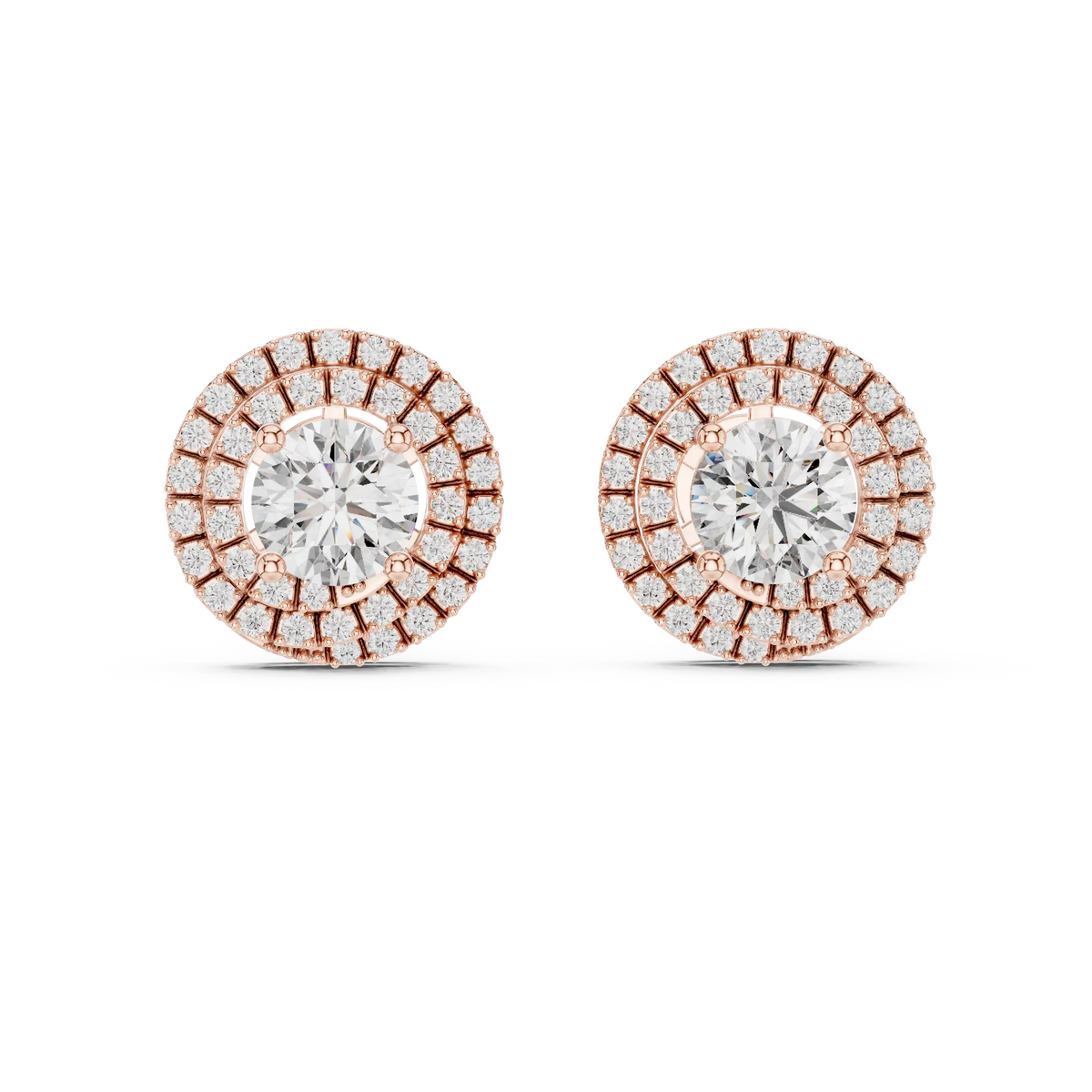 Round moissanite double halo stud earrings in rose 925 sterling silver, view 4