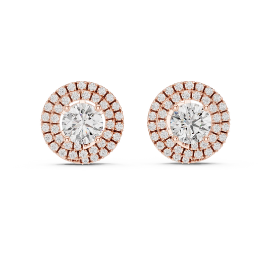 Round moissanite double halo stud earrings in rose 925 sterling silver, view 4