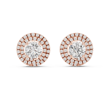 Round moissanite double halo stud earrings in rose 925 sterling silver, view 4