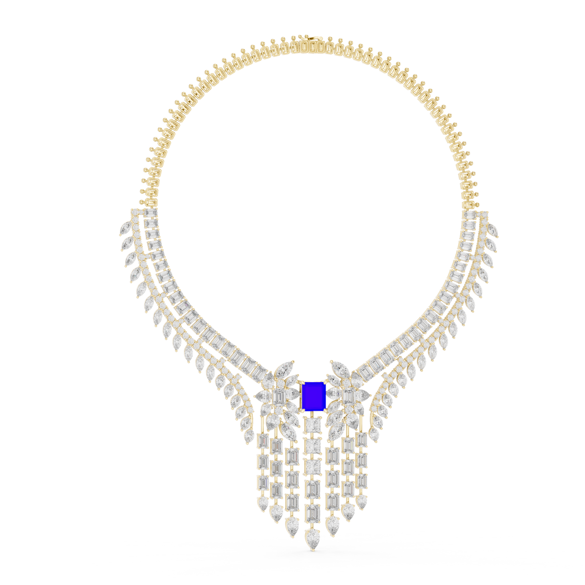 Statement Fringe Collar Necklace with Blue Centre Stone in yellow 925 sterling silver, view 1