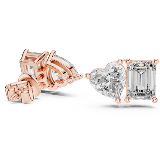 Heart and emerald moissanite toi et moi stud earrings in rose 925 sterling silver, view 1