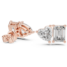 Heart and emerald moissanite toi et moi stud earrings in rose 925 sterling silver, view 1