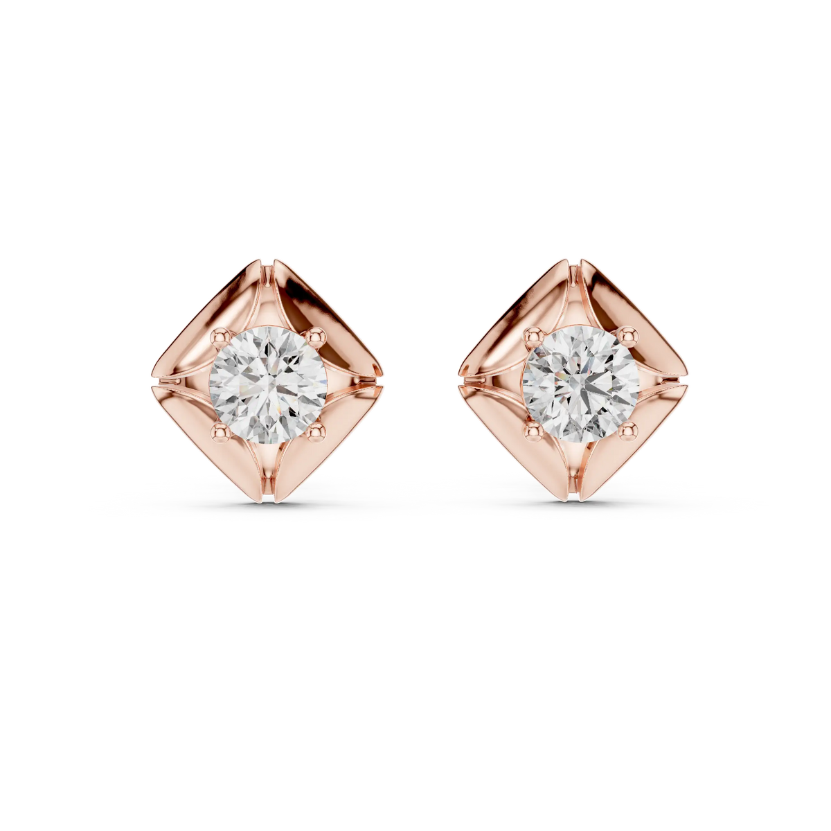 Round moissanite petal frame stud earrings in rose 925 sterling silver, view 4