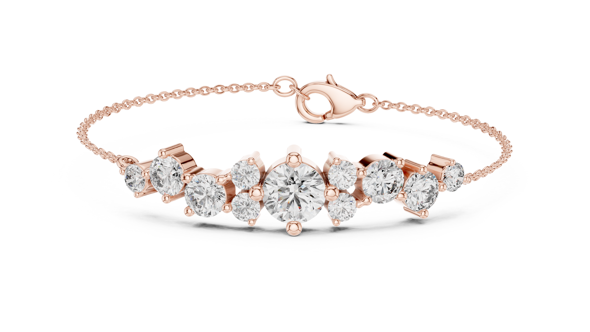 Graduated Round Moissanite Cluster Chain Bracelet in rose 925 sterling silver, view 1