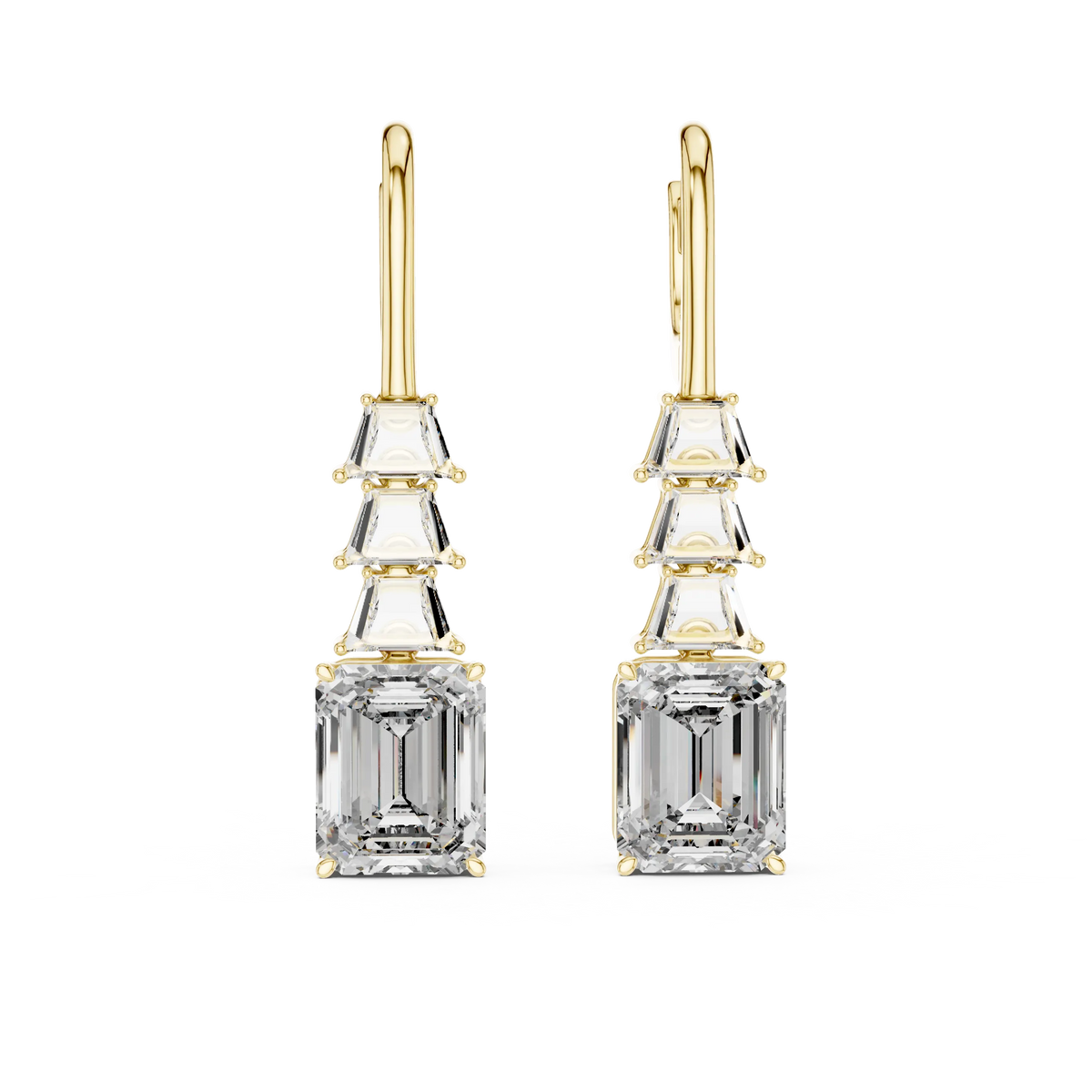 Emerald cut moissanite drop earrings in yellow 925 sterling silver, view 4