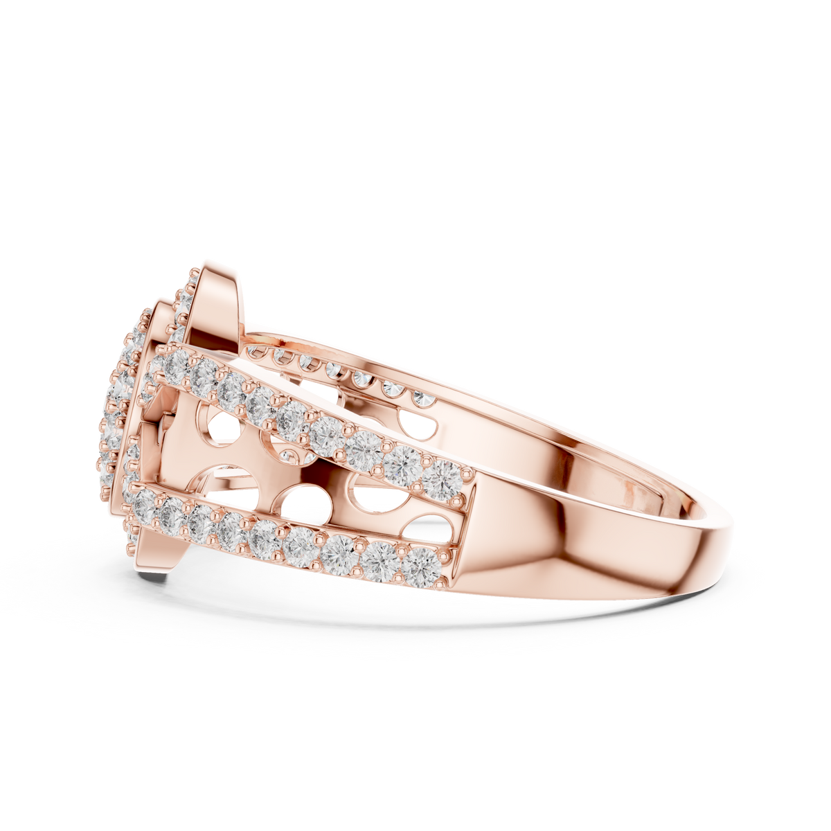 Oval Cluster Halo Moissanite Ring with Split Pavé Shank in rose 925 sterling silver, view 3