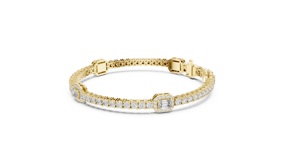 Emerald Halo Station Round Moissanite Tennis Bracelet in yellow 925 sterling silver, view 2