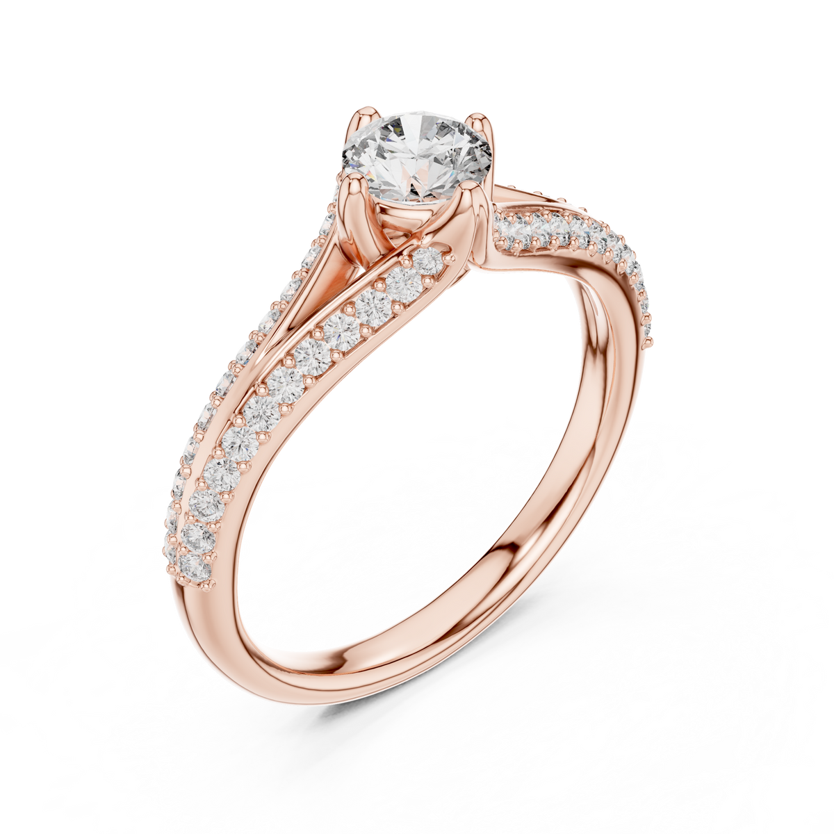 Round Compass Set Moissanite Bypass Ring with Pavé Split Shank in rose 925 sterling silver, view 2