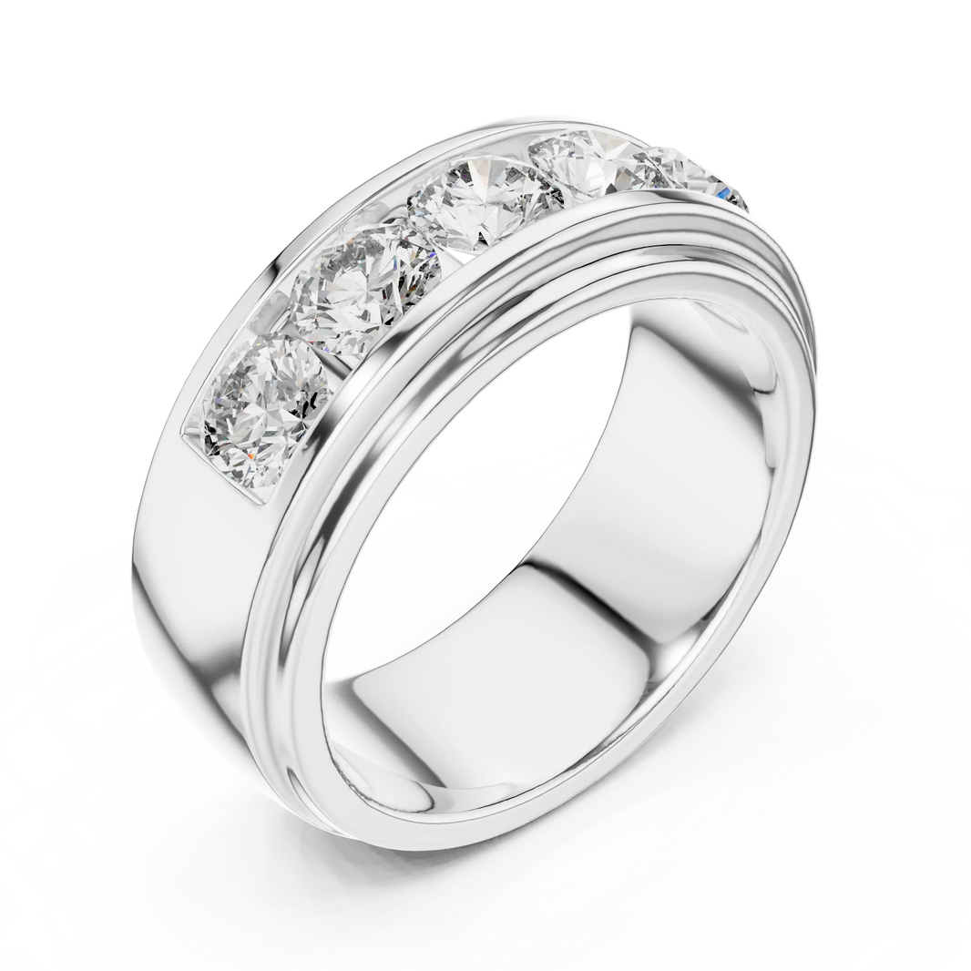 Five Stone Channel Set Moissanite Wide Band in white 925 sterling silver, view 2